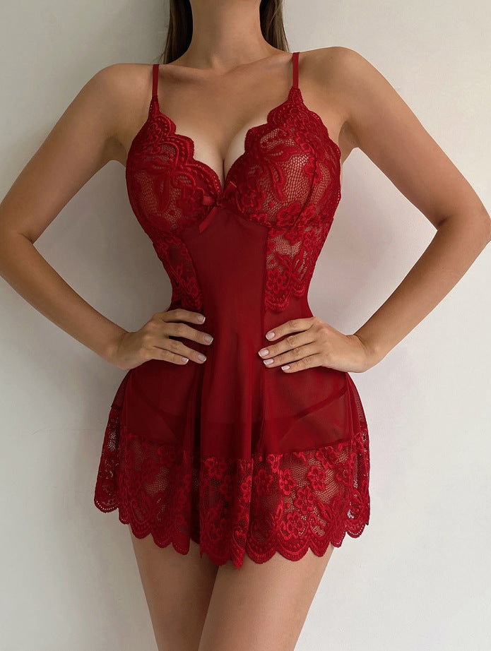 Floral Lace Babydoll Chemise with Sheer Mesh Panel & Scalloped Hem