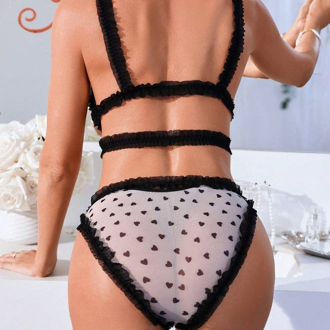 Romantic Sheer Mesh Bralette Set with Ruffled Edges and Heart Print