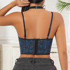 Floral Lace Corset with Front Lace-Up & Choker Chain Accent