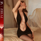 Sexy Lingerie, Sultry Minimalist Uniform Style, Nightclub-Inspired Hip-Hugging Skirt, Chain Detail, Halter Neck Sheer Outfit