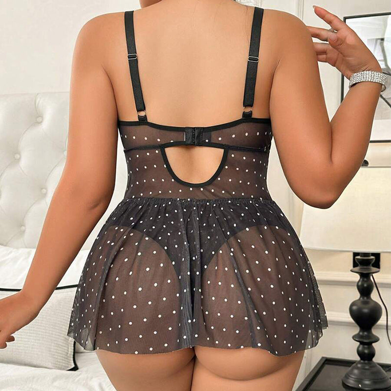 Polka Dot Mesh Babydoll with Lace-Up Bust & Garter Straps