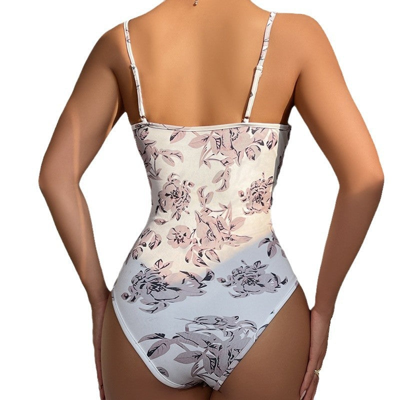 Floral Print Corset Bodysuit with Sweetheart Neckline