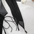 Patent Faux‑Leather Lace‑Up Mesh‑Sleeve Teddy Bodysuit