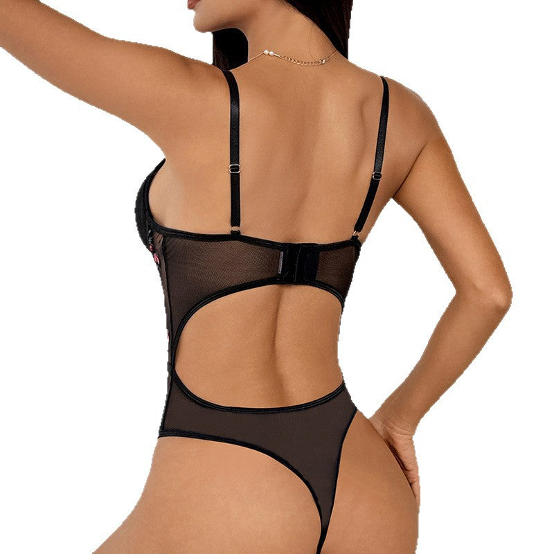 Floral Embroidered Sheer Mesh Bodysuit with Ring Cutouts