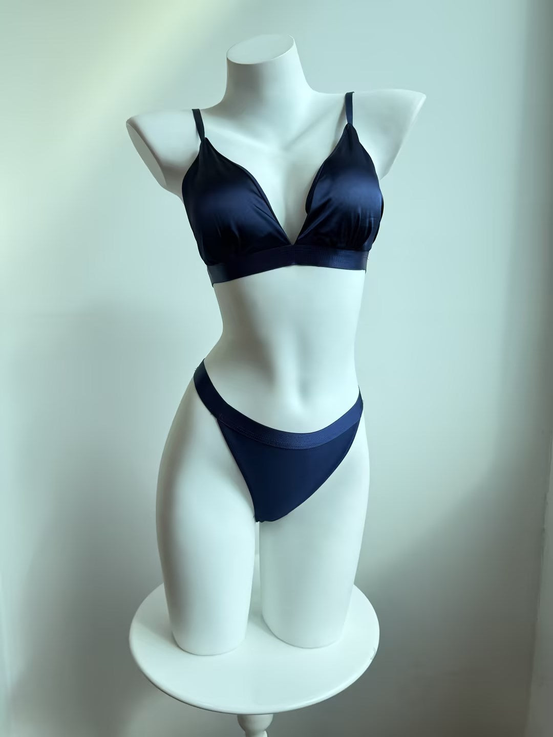 Satin Triangle Bralette And Lace High-Waist Thong Lingerie Set