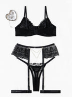 Embroidered Lace Push-Up Bra And Pearl Chain Garter Lingerie Set