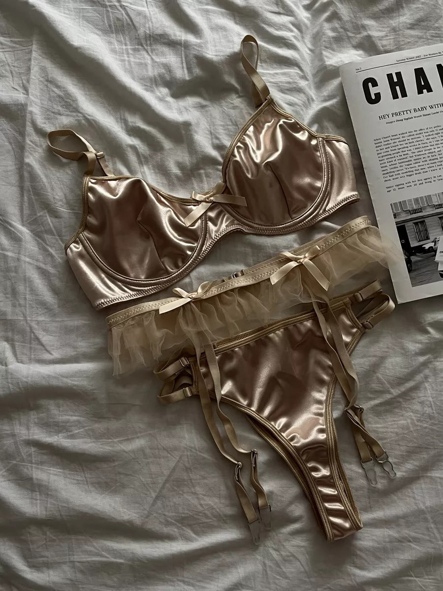 Satin Push-Up Bra And Tulle Garter Lingerie Set with Bow Detail