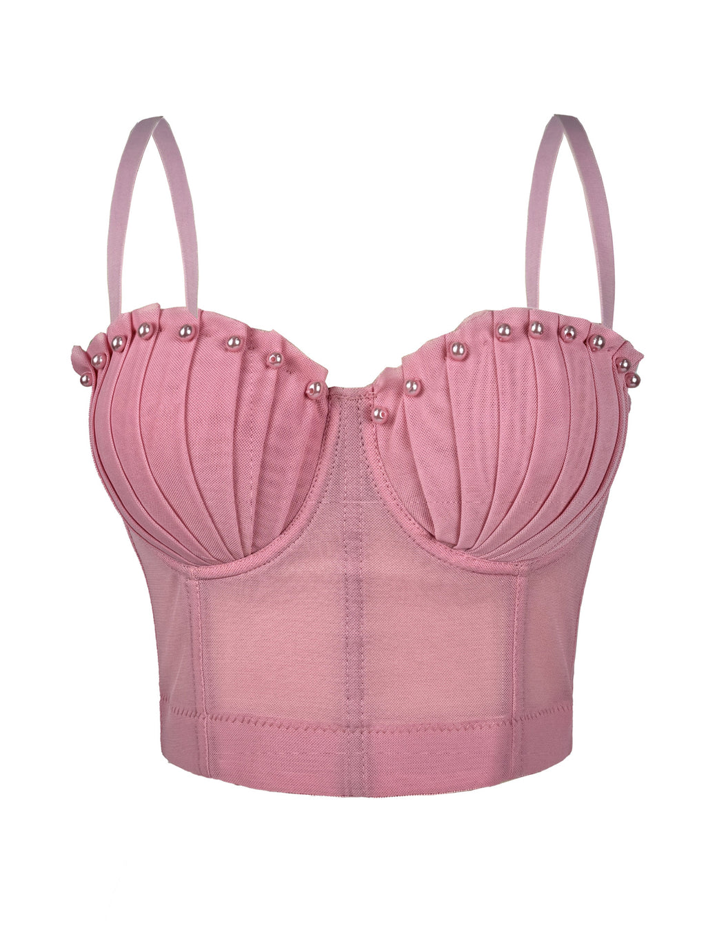 Pearl-Embellished Mesh Structured Corset Bustier