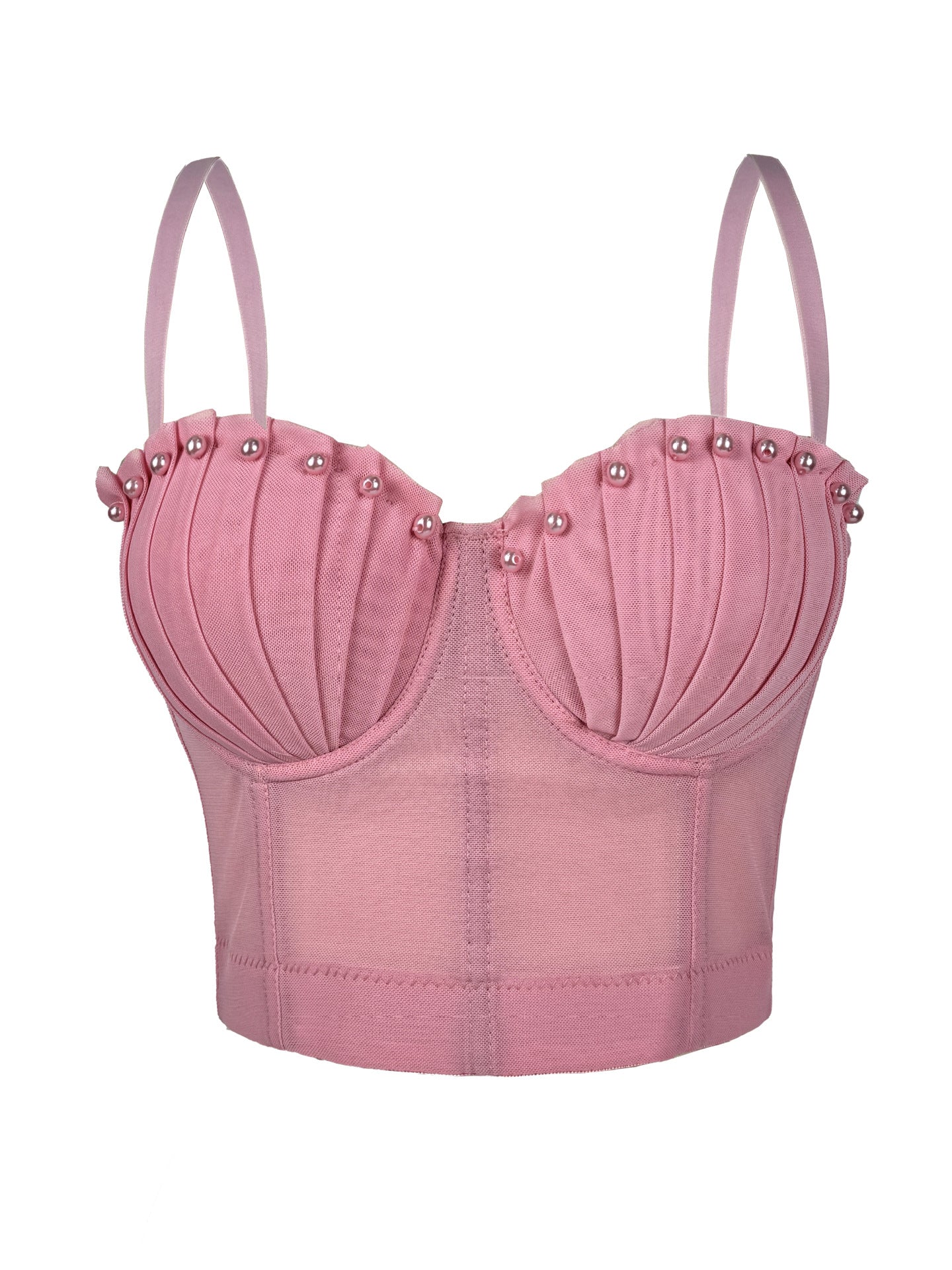 Pearl-Embellished Mesh Structured Corset Bustier