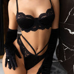 Lace Underwire Lingerie Set with Strappy Detail And Gloves