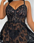 Heart‑Floral Lace Ruffled Babydoll
