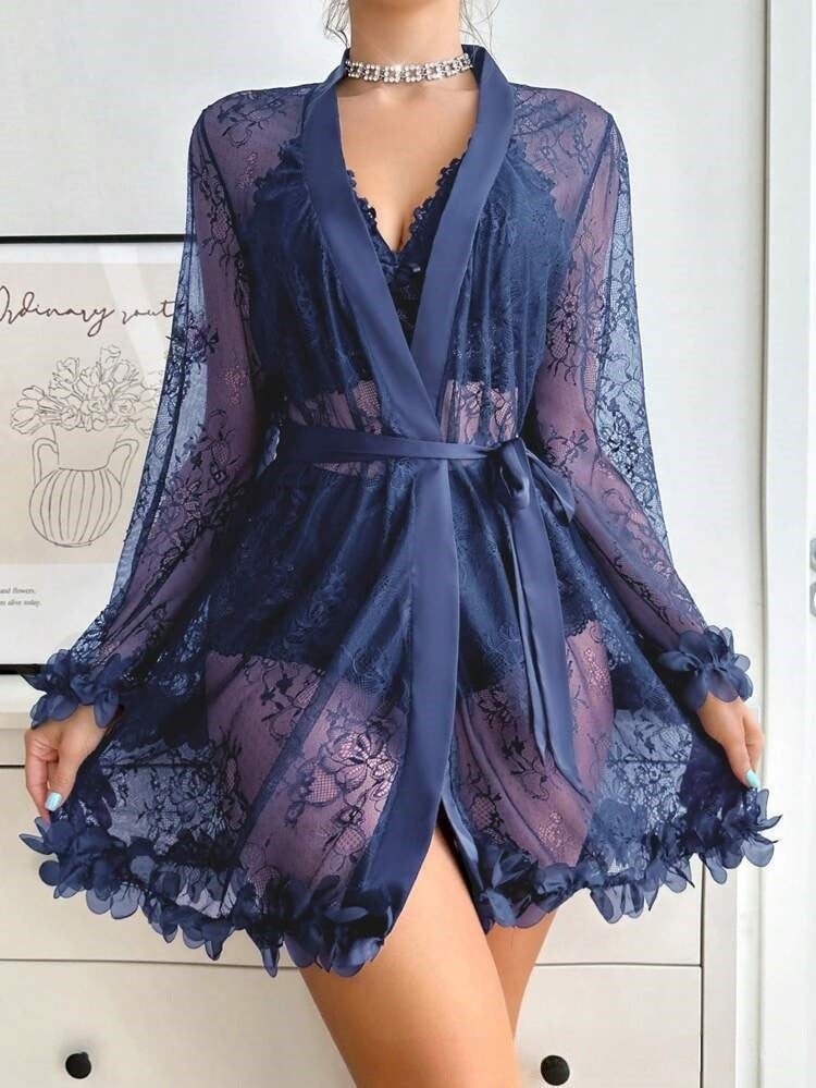 Floral Lace Sheer Robe & Lingerie Set with Satin Trim