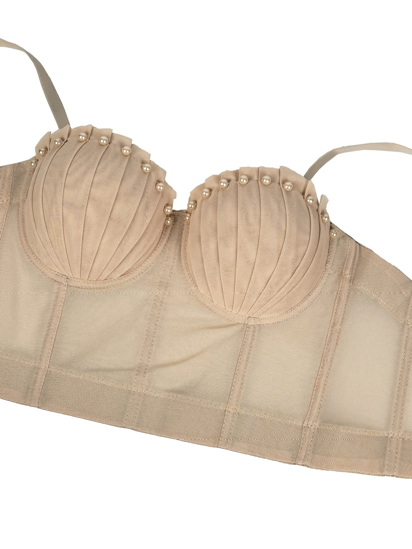 Pearl-Embellished Mesh Structured Corset Bustier