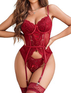 Floral Lace Corset Lingerie Set with Garter Straps And Cutout Detail