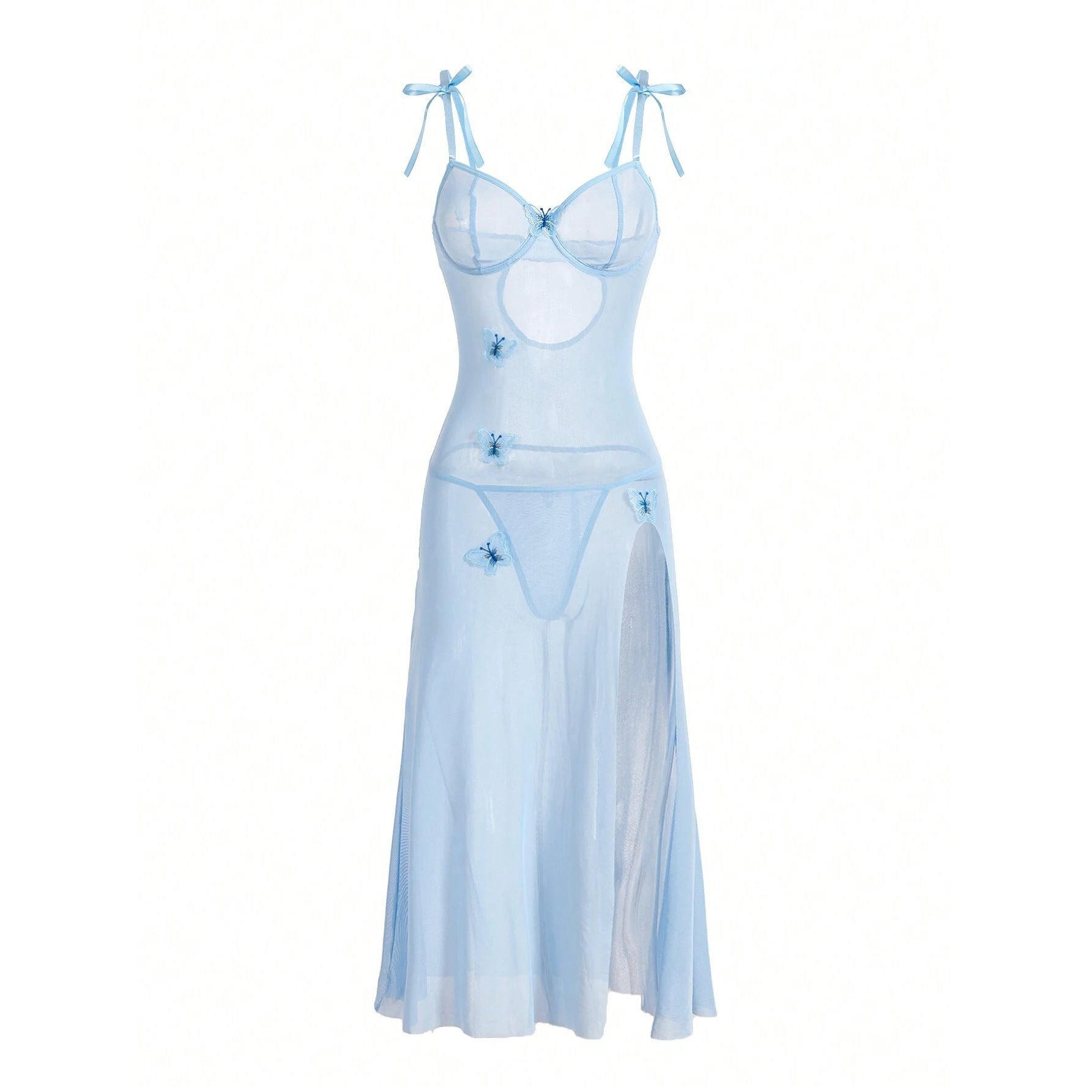 Sheer Mesh Butterfly Embroidery Maxi Lingerie Dress