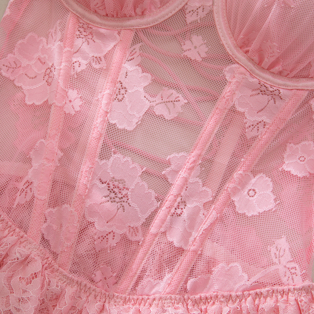 Floral Lace Sweetheart Neck Corset Babydoll