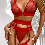 Sexy Women's Hollow-Out Mesh Three-Piece Lingerie Set