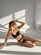 Satin Push-Up Bra And Tulle Garter Lingerie Set with Bow Detail