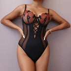 Provocative Sheer Mesh Teddy with Floral Embroidery And Open Back