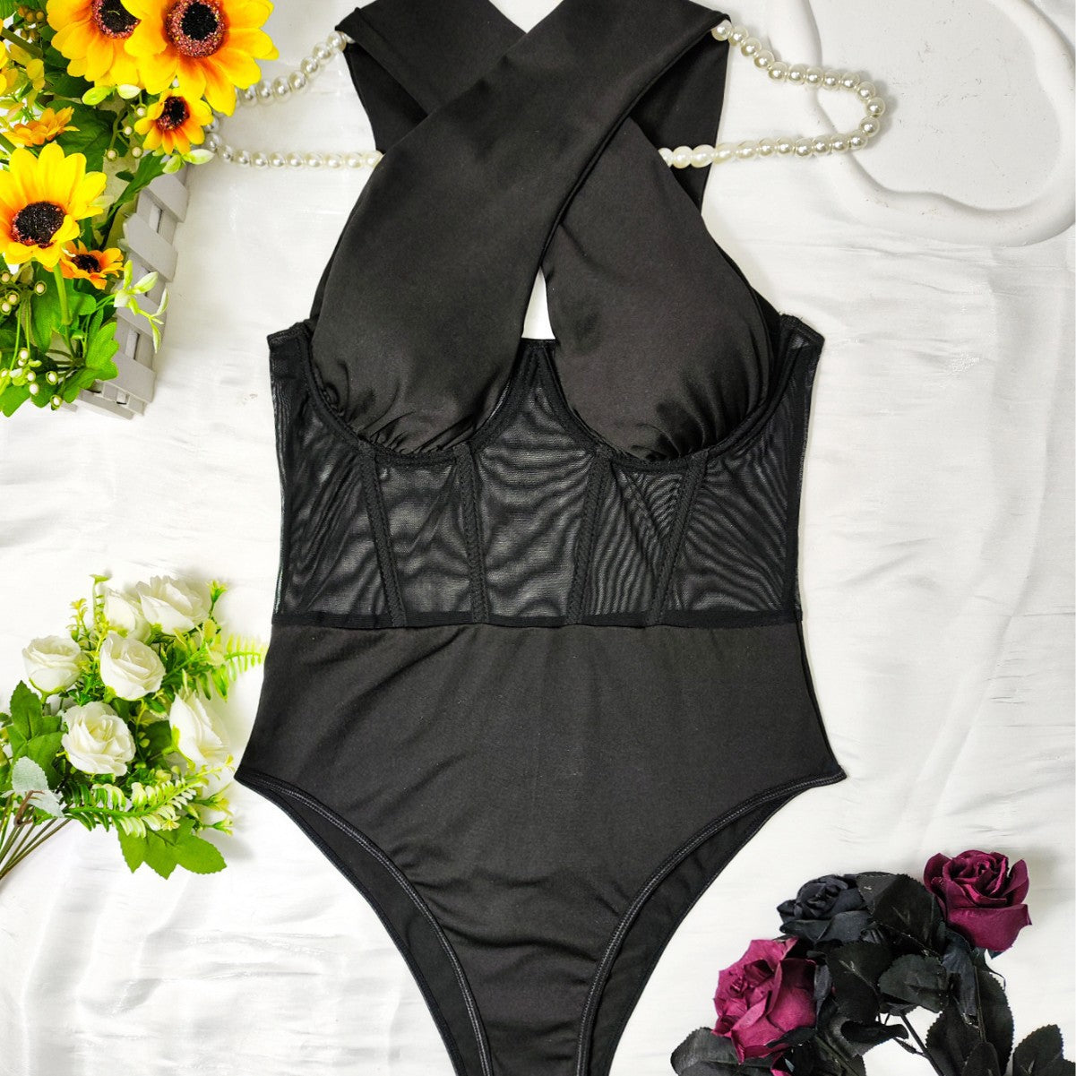Crisscross Halter Neck Cutout Mesh Corset Bodysuit