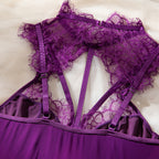 Fringe Lace Halter Cutout Waist Cinching High Cut Sheer Mesh Teddy Bodysuit