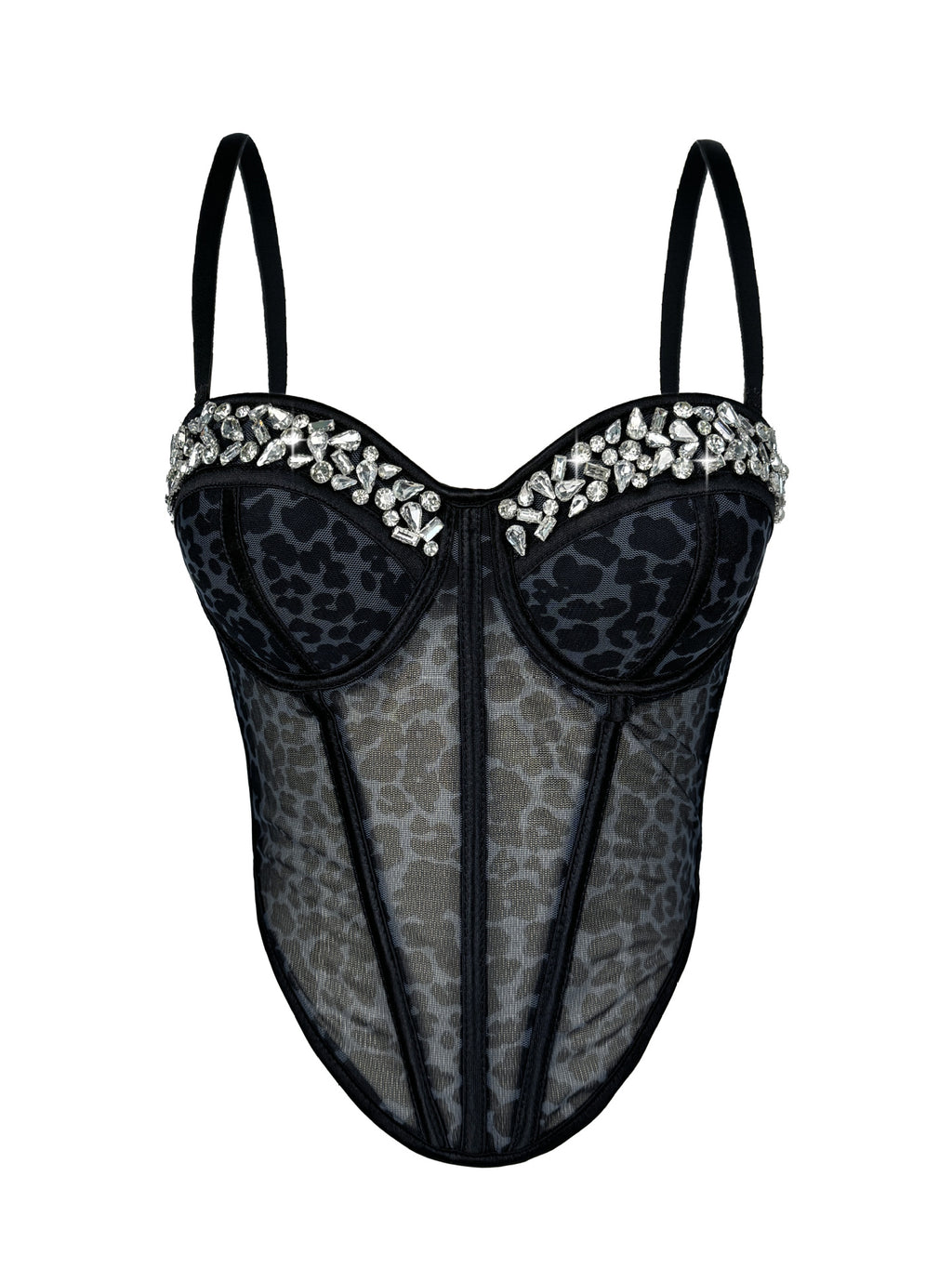 Leopard Print Mesh Corset Bustier with Rhinestone Trim