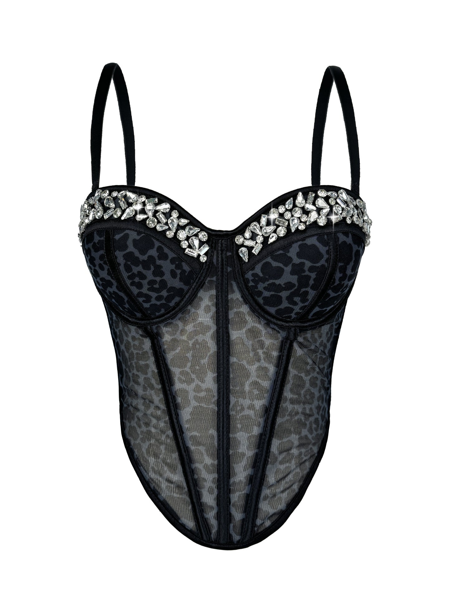 Leopard Print Mesh Corset Bustier with Rhinestone Trim