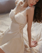 Rhinestone‑Trimmed Open‑Back Satin Slip Chemise