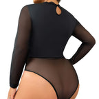 Plus Size Lace Cutout Mock Neck Bodysuit with Sheer Long Sleeves