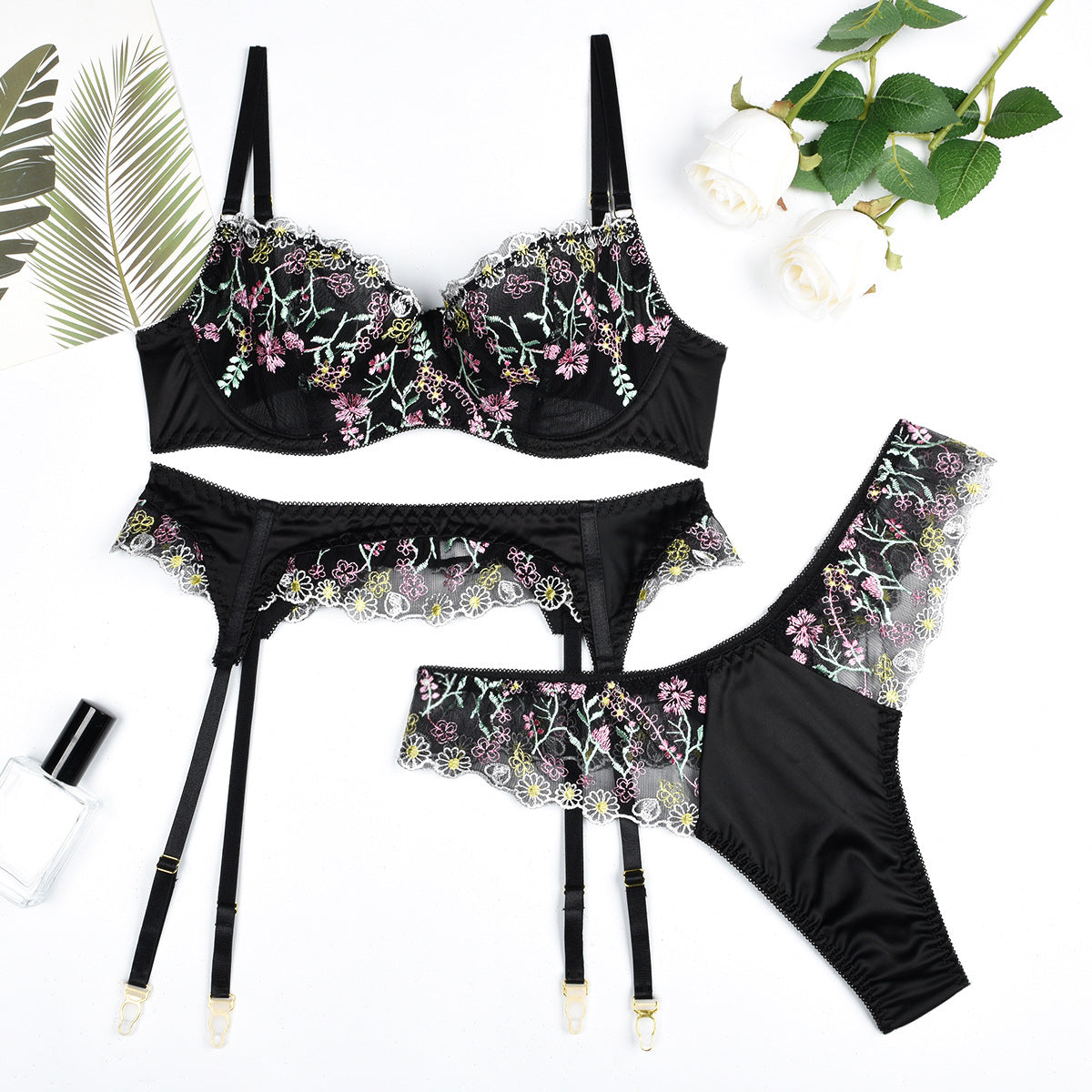 Floral Embroidery Lace Garter Lingerie Set