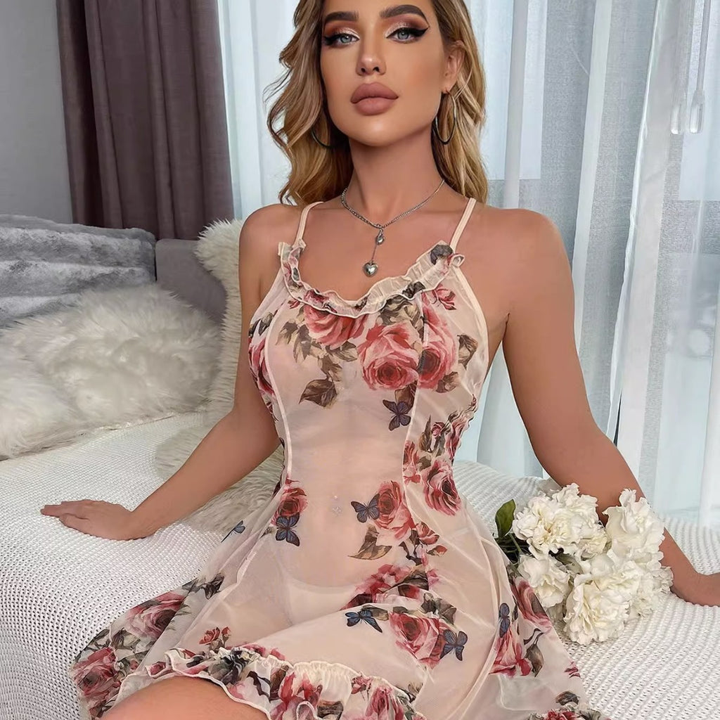 Romantic Cross-Back Sheer Mesh Lingerie Dress