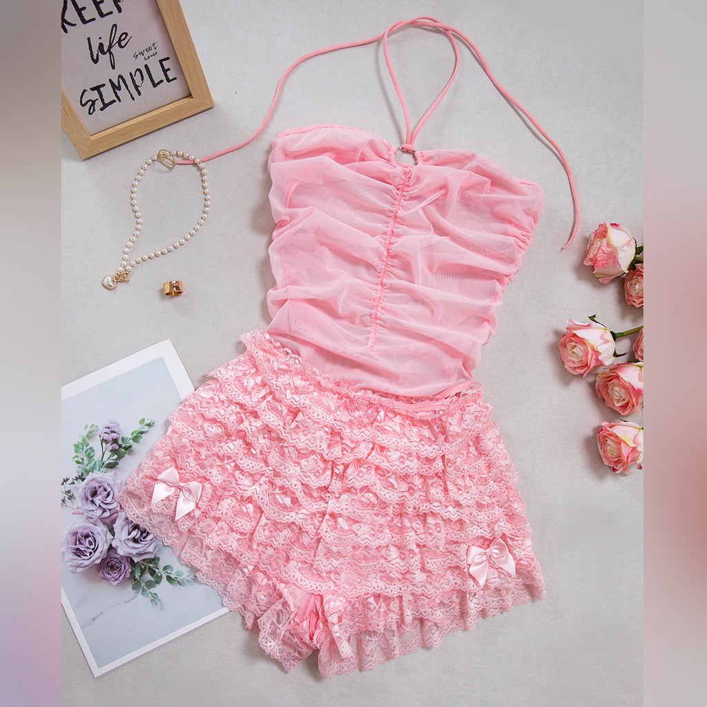 Tiered Ruffled Lace Shorts 2‑Piece Lingerie Set