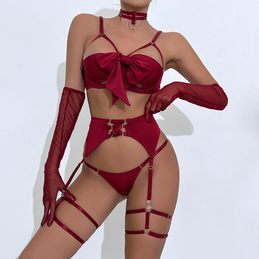 Bow Strappy Lingerie Set with Garter Belts