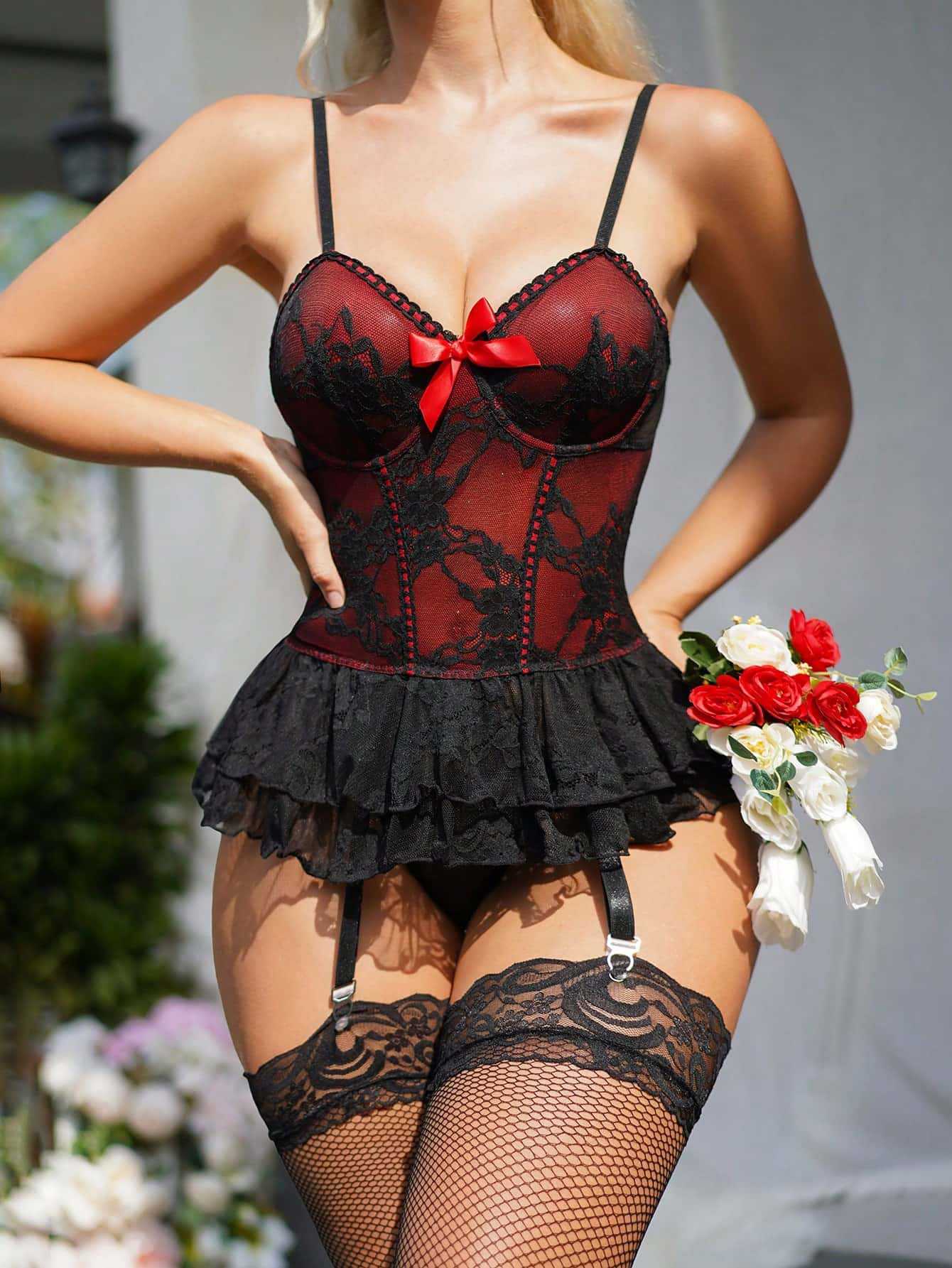 Sheer Mesh Lace Lingerie Babydoll with Underwire & Garter Straps