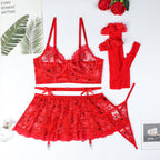 Floral Lace Garter Mini Skirt Lingerie Set