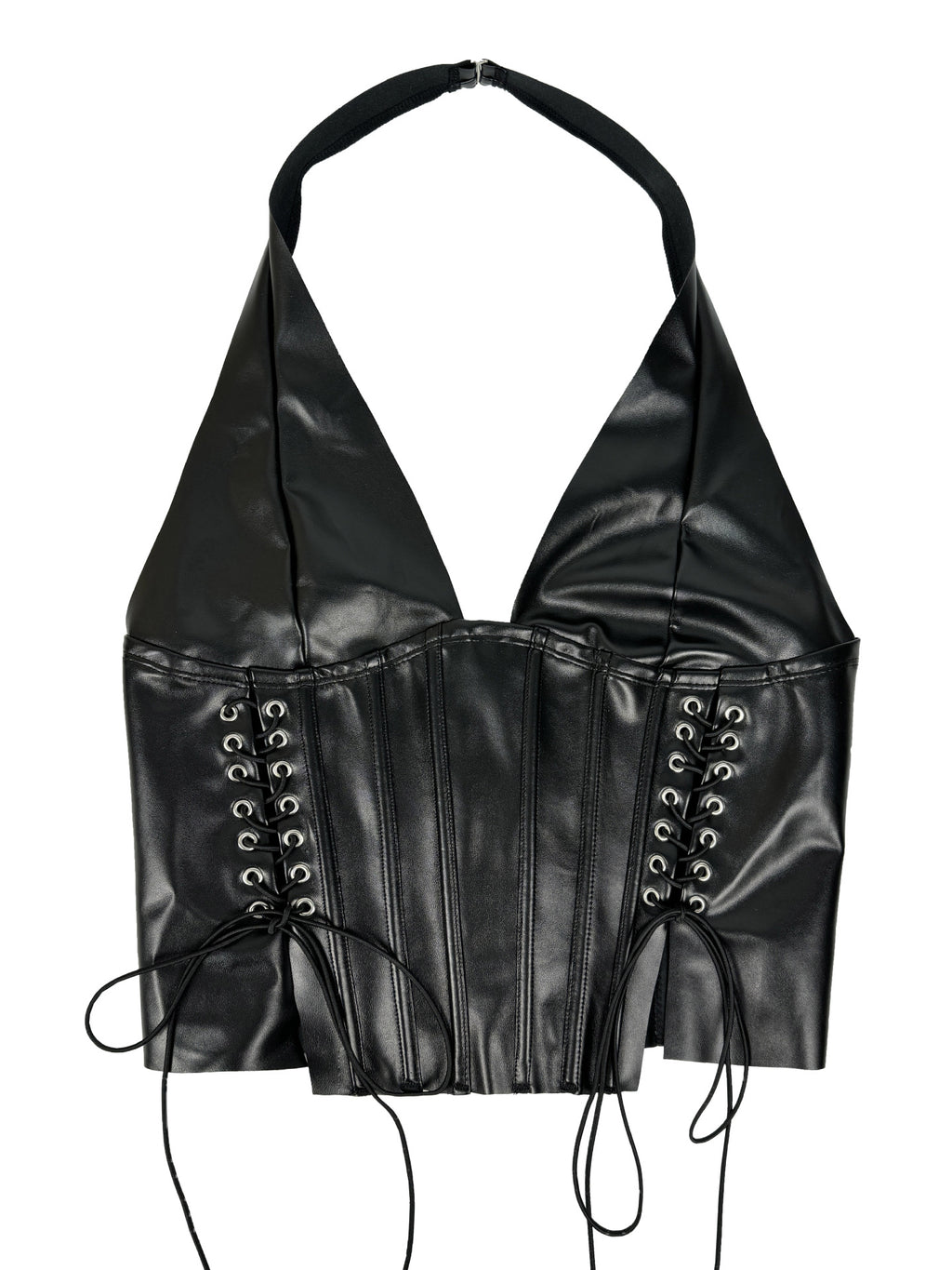 Faux Leather Halter Corset Top with Side Lace-Up Closure