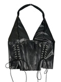 Faux Leather Halter Corset Top with Side Lace-Up Closure