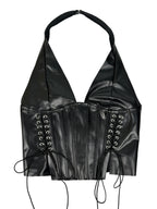 Faux Leather Halter Corset Top with Side Lace-Up Closure
