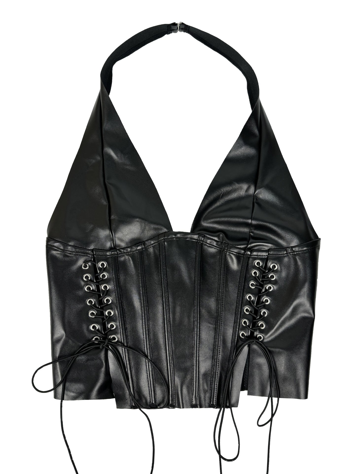 Faux Leather Halter Corset Top with Side Lace-Up Closure
