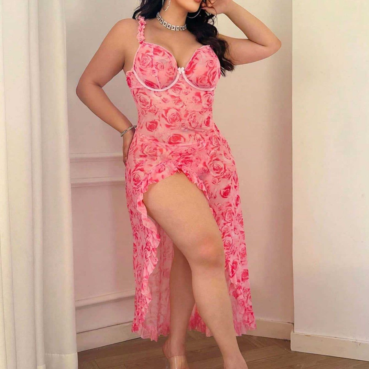 Floral Print Underwire Maxi Lingerie Dress with Ruffle Slit