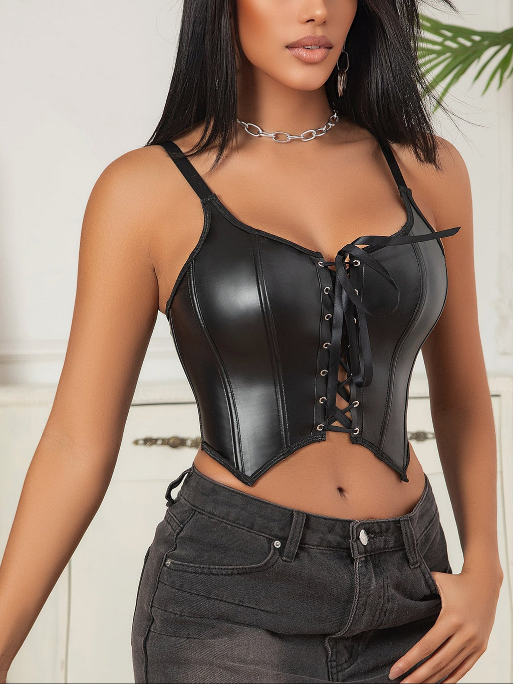 Leather Corset Top with Lace-Up Detail & Boning Support