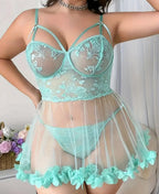 Floral Lace Sheer Babydoll Lingerie Set with Ruffle Hem