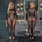 Sexy Black Sheer Lingerie Long Sleeve Mesh Cutout Bodystocking