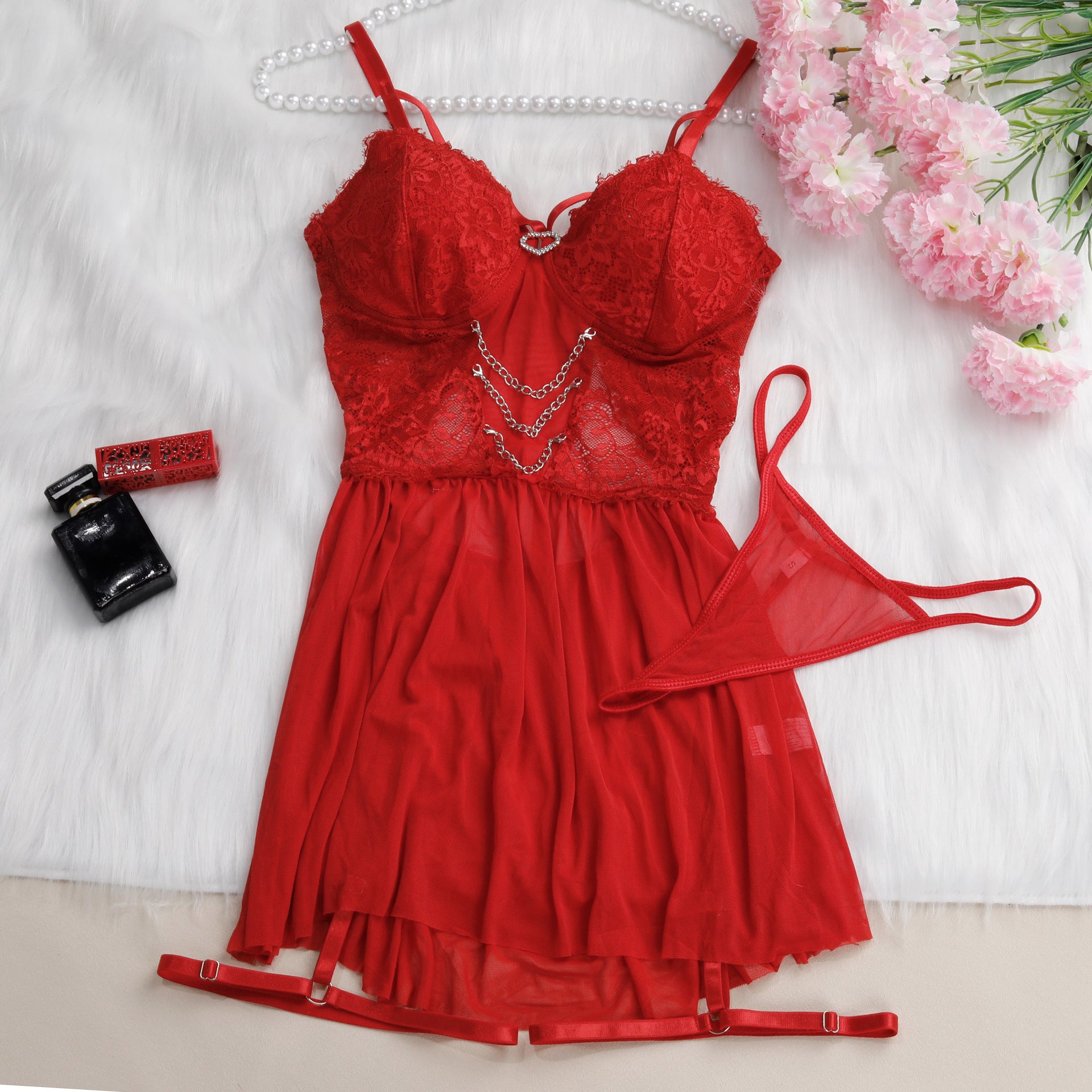 Alluring Sheer Mesh Babydoll with Chain Details