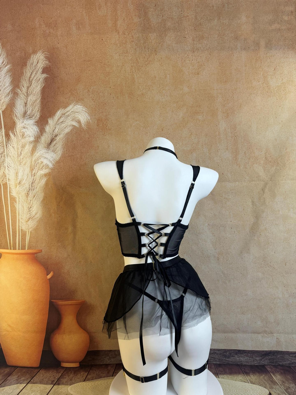Seductive Sheer Mesh Lingerie Set with Gloves And Garter Straps