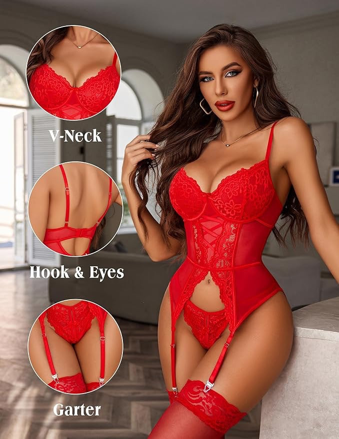 Floral Lace Corset Lingerie Set with Garter Straps And Cutout Detail