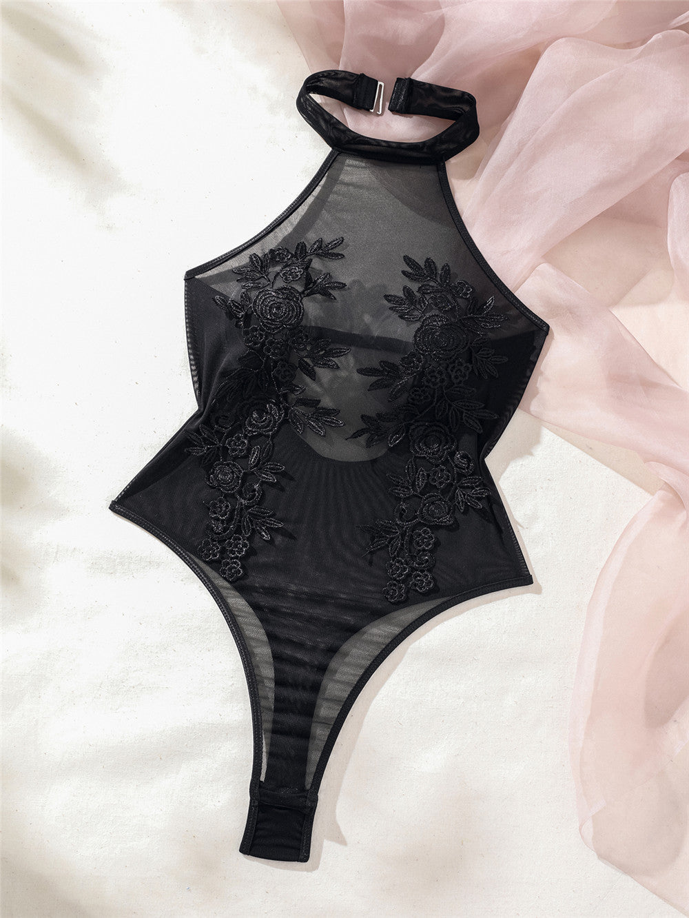 Halter Neck Floral Embroidered Sheer Mesh Bodysuit