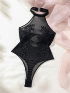 Halter Neck Floral Embroidered Sheer Mesh Bodysuit