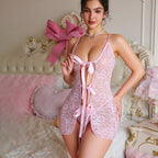 Sweet Floral Lace Front Tie Hollow Slit Babydoll Night Dress