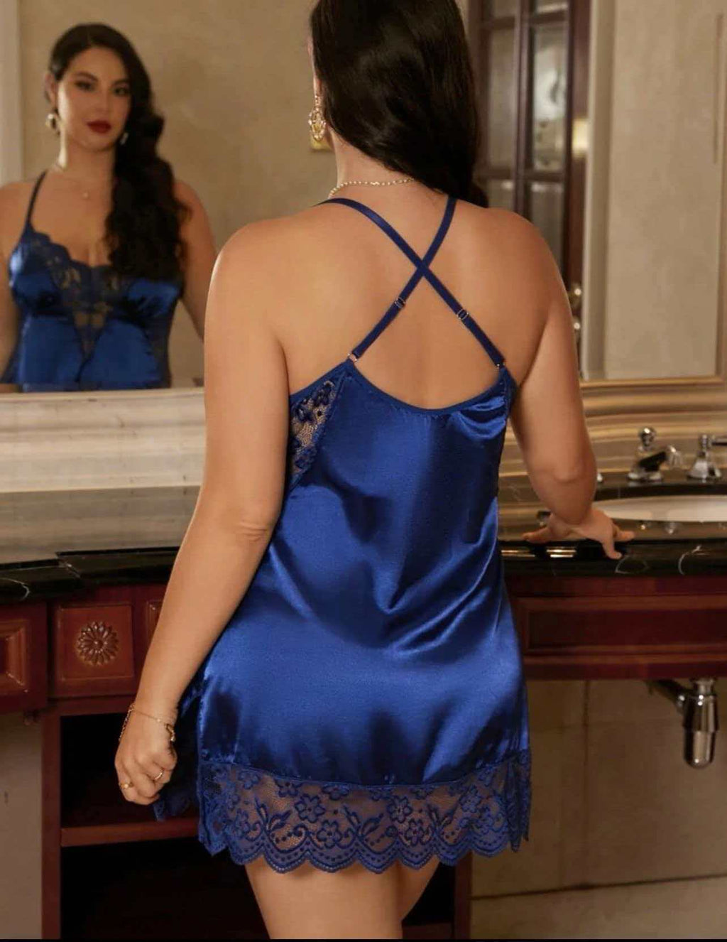 Elegant Satin Lace Trim Chemise with Scalloped Trim & Side Slit